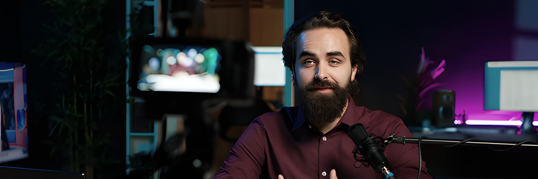 B2B influencer recording a video podcast with a microphone and camera