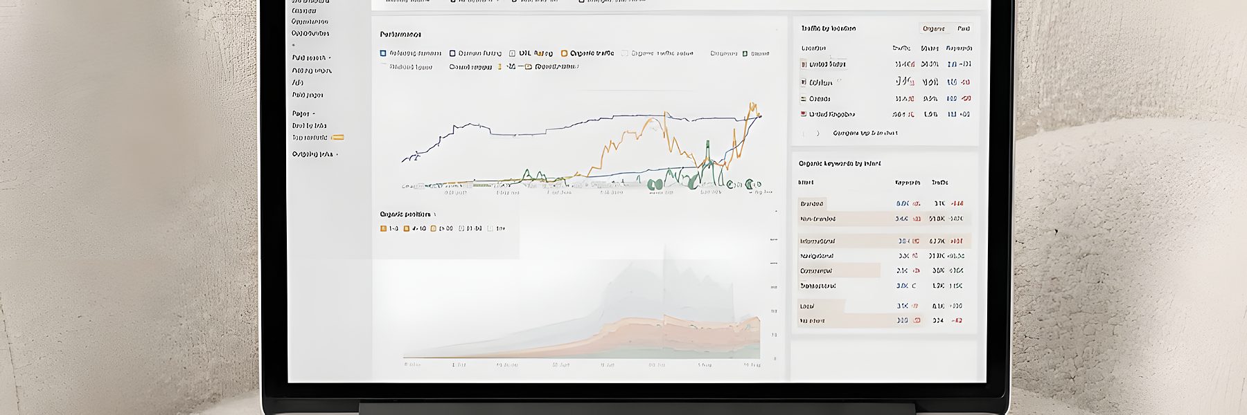 Laptop showing a performance dashboard for tracking Canvas UGC costs and results
