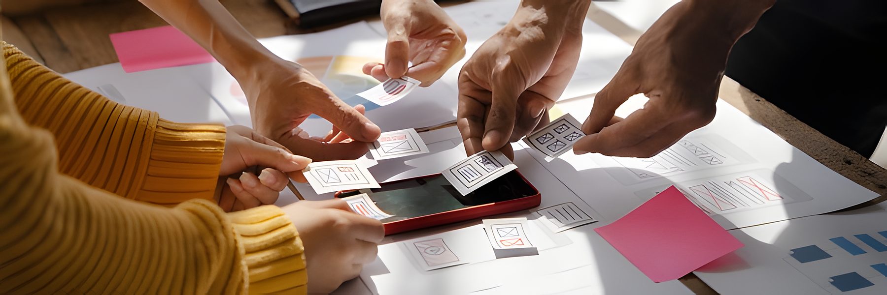 Tech team arranging content plan cards on a table